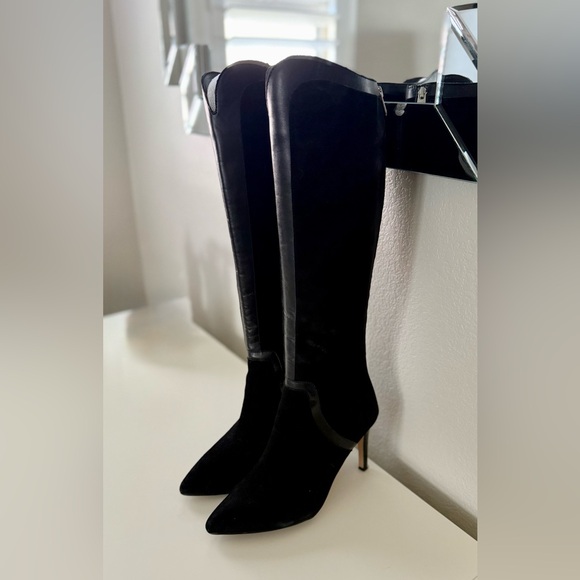 Addrienne Vitadinni Shoes - Adrienne Sleek Black Suede Knee High Boots with Leather Trim 3” heels
